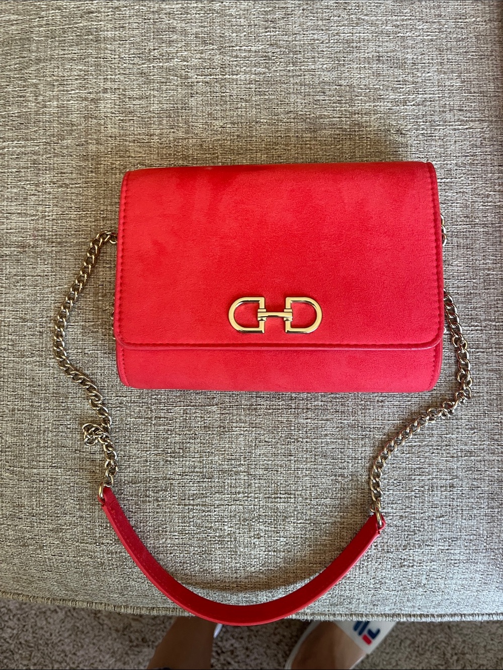 Red Suede Chain Shoulder Bag with Gold Hardware